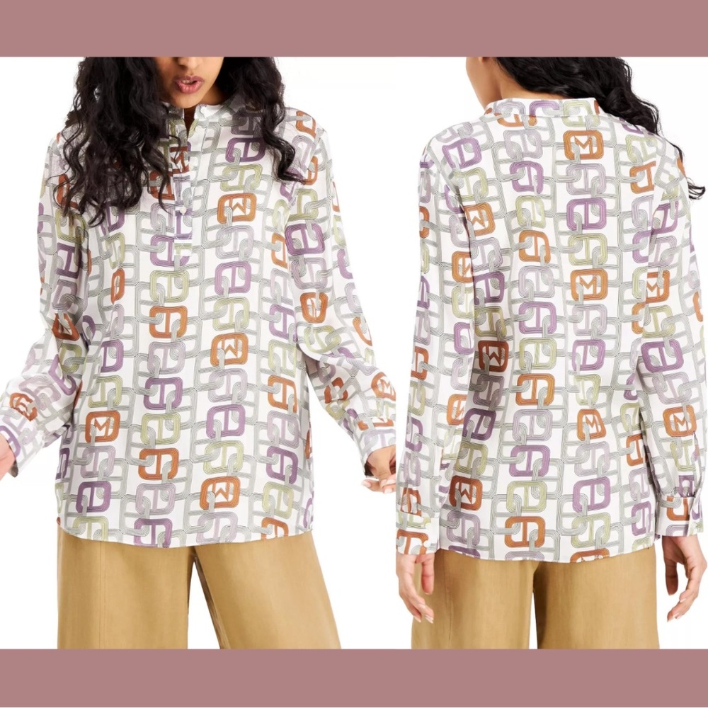 NWT $325 Marella [ 12 US ] Spagna Printed Mandarin-Collar‎ Silk Top